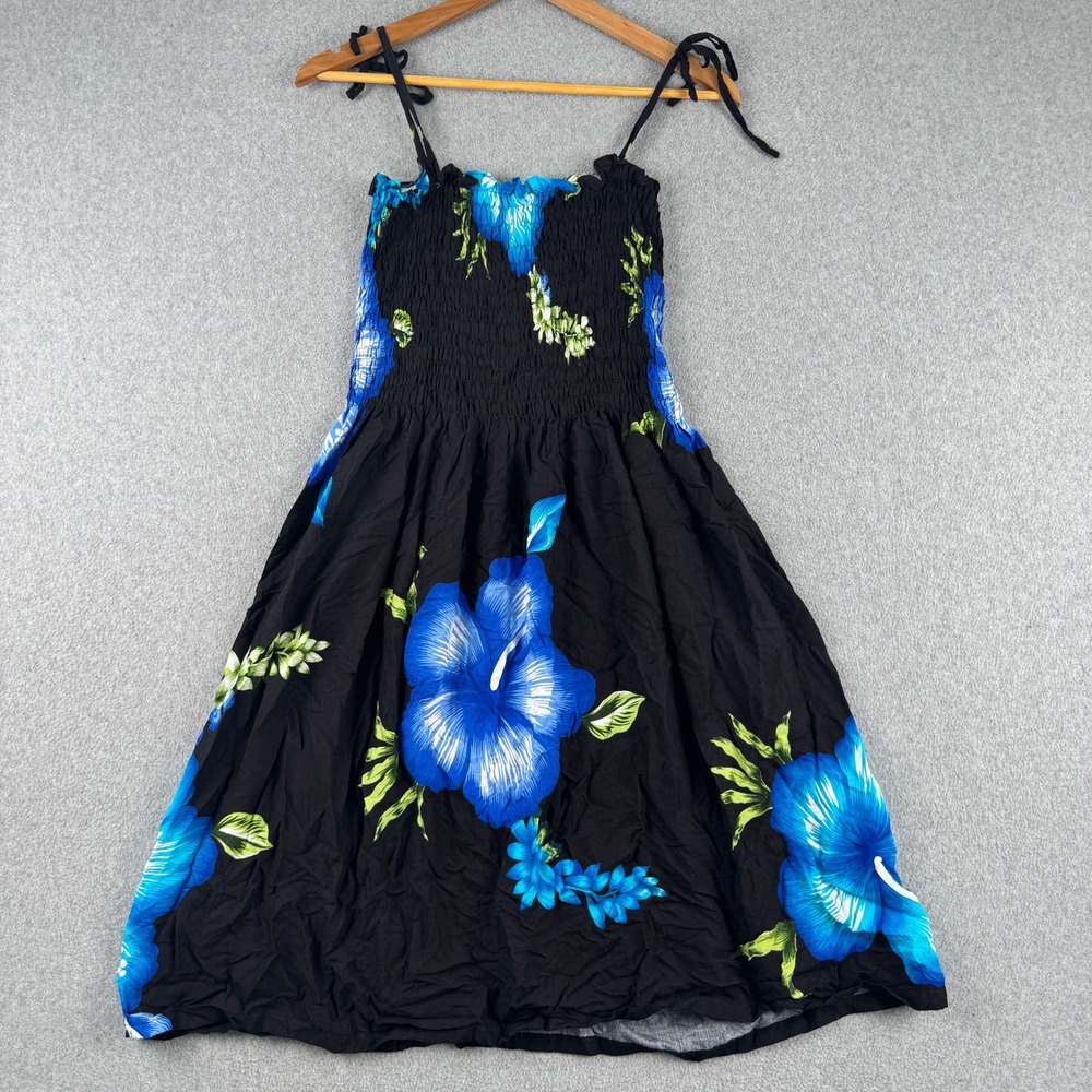 Hibiscus Collection Hawaii Dress Womens OS Black Blue‎ Floral Smocked Rayon Sun